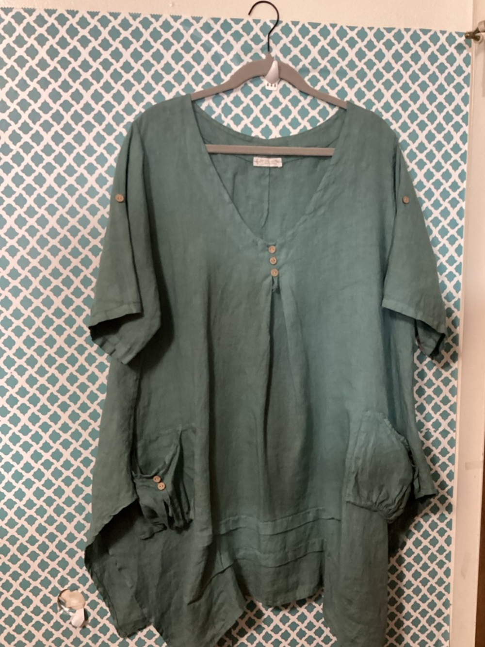 The Lino Lounge Relaxed V-Neck Linen Tunic Top in Teal Green Made In Italy  O/S